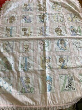 Vintage Handmade Precious Moments Pastel Baby Quilt With Ruffled Edges ABC